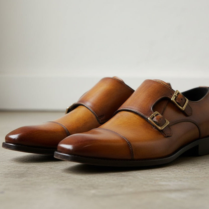 Handcrafted Men's Brown Double Buckle Dress Shoes