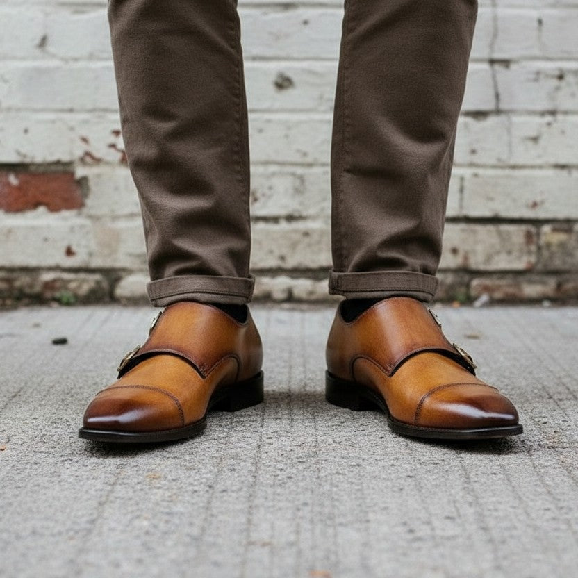 Handcrafted Men's Brown Double Buckle Dress Shoes