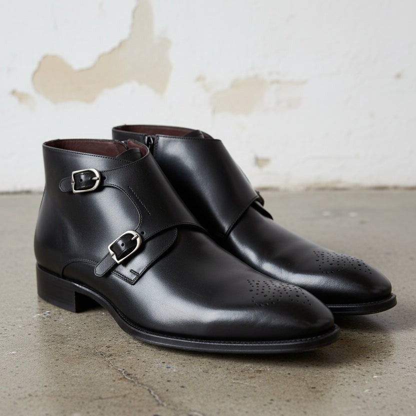 Handcrafted Men's Black Leather Double Monk Boots