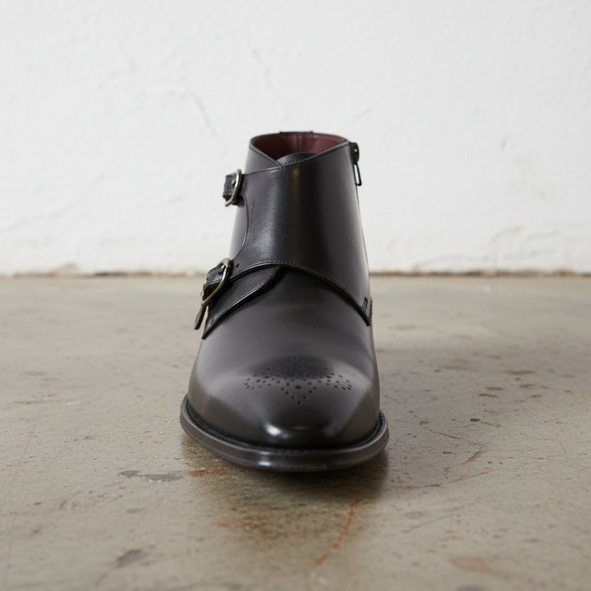 Handcrafted Men's Black Leather Double Monk Boots