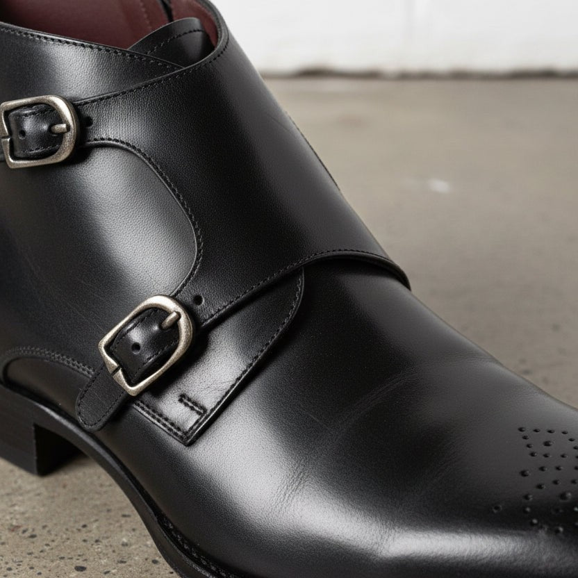 Handcrafted Men's Black Leather Double Monk Boots