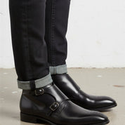 Handcrafted Men's Black Leather Double Monk Boots