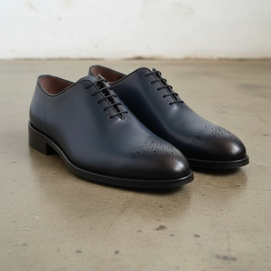 Men's Handmade Blue Whole Cut Oxford Leather Dress Shoes