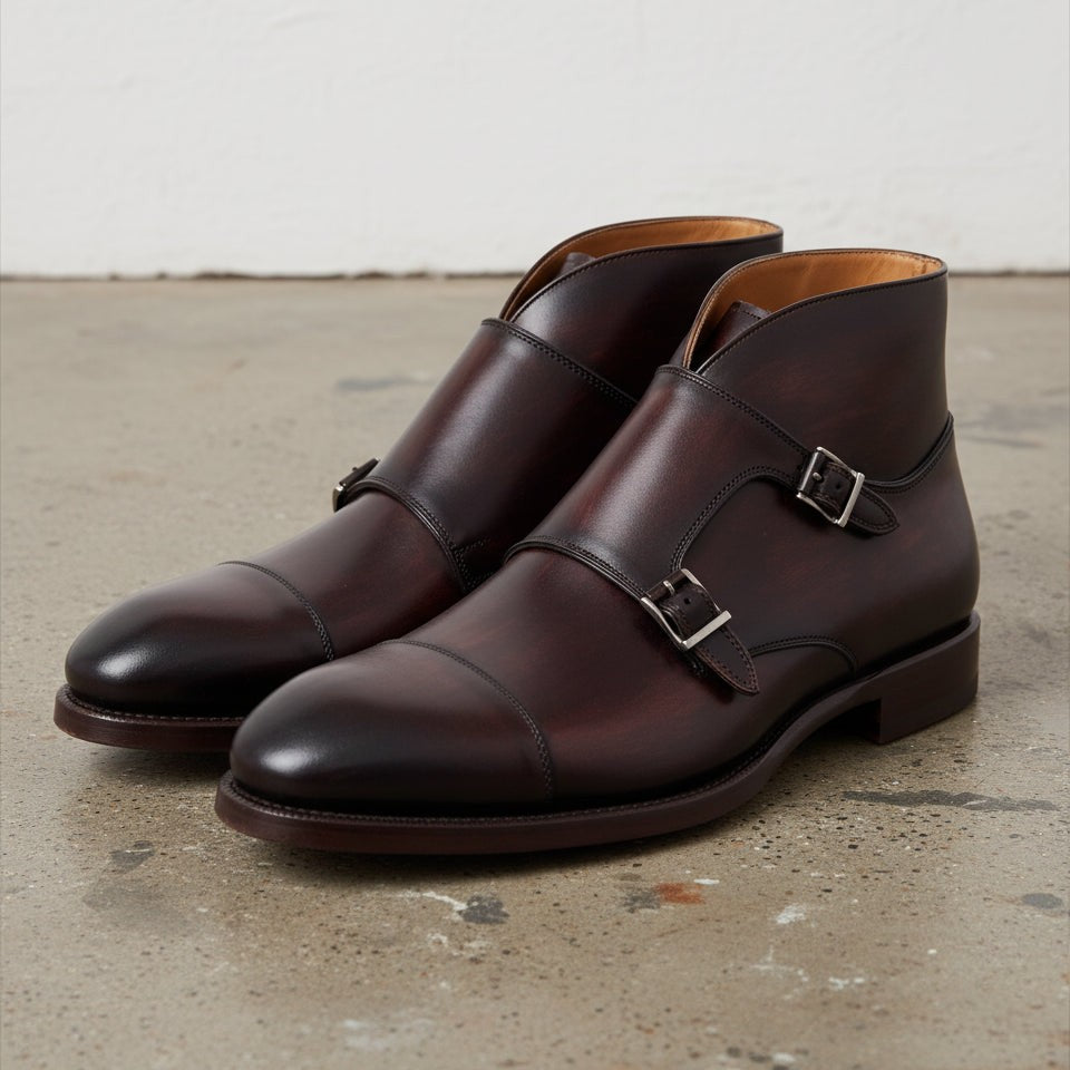 Handcrafted Men's Brown Leather Double Monk Strap Boots