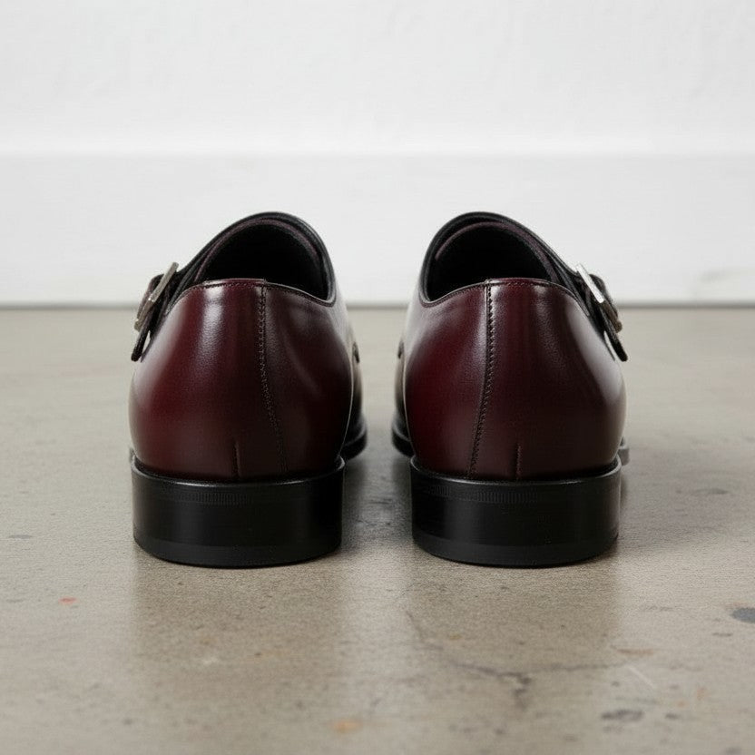 Handcrafted Maroon Double Buckle Monk Shoes