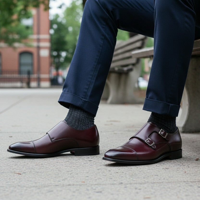 Handcrafted Maroon Double Buckle Monk Shoes