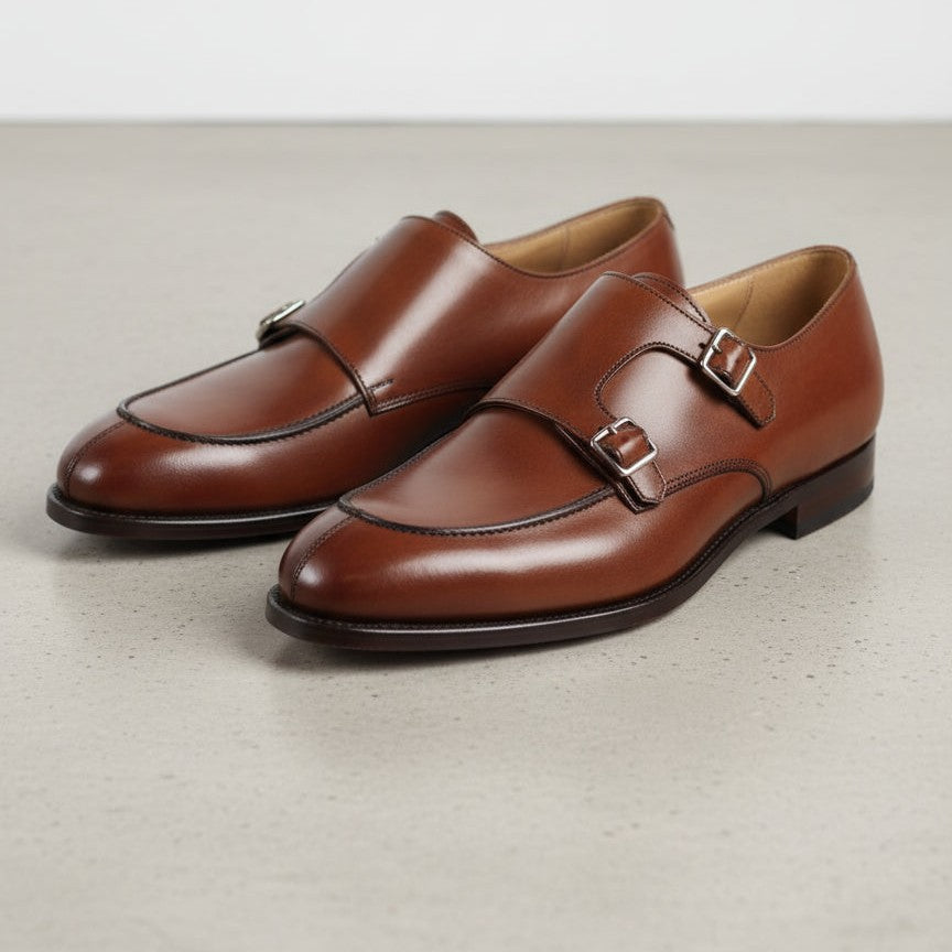 Handmade Men Brown Leather Double Monk Shoes, Monk Office/ Business Shoes
