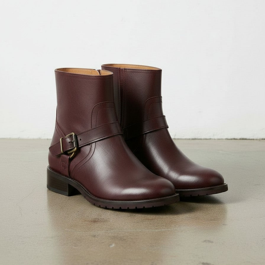 Handmade Women's Burgundy Artisan Moto- Harness Leather Ankle Boots