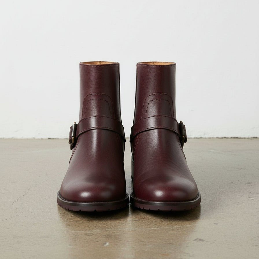 Handmade Women's Burgundy Artisan Moto- Harness Leather Ankle Boots