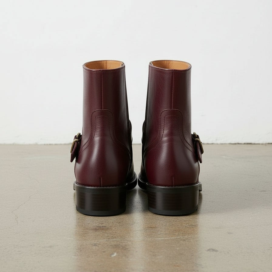 Handmade Women's Burgundy Artisan Moto- Harness Leather Ankle Boots