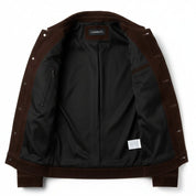 Men's Handmade Brown Suede Trucker Jacket with Classic Shirt Collar