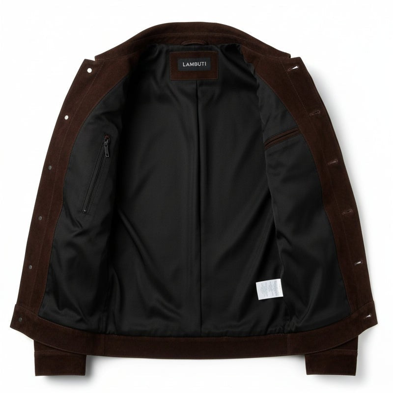 Men's Handmade Brown Suede Trucker Jacket with Classic Shirt Collar