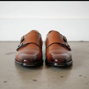 Handmade Men's Tan Brown Leather Double Monk Dress Shoes
