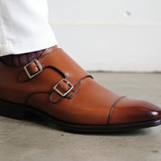 Handmade Men's Tan Brown Leather Double Monk Dress Shoes
