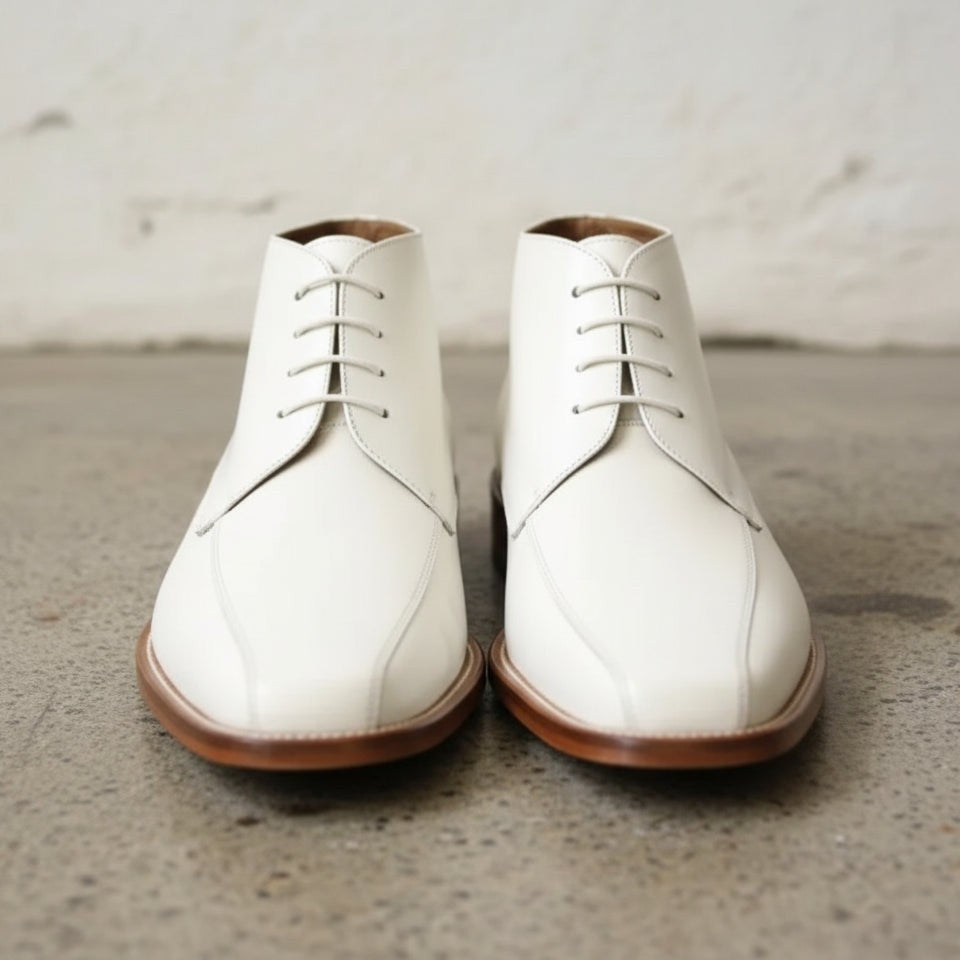 Handcrafted Men's White Leather Chukka Boots with Square Toe