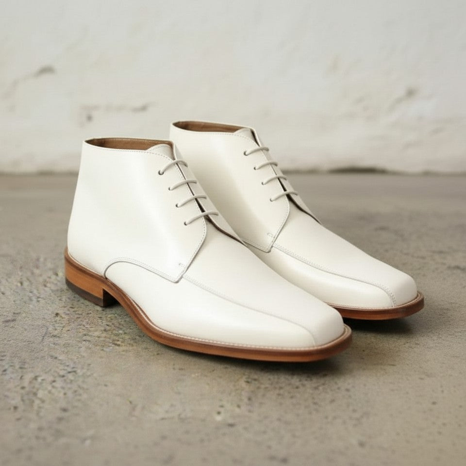 Handcrafted Men's White Leather Chukka Boots with Square Toe