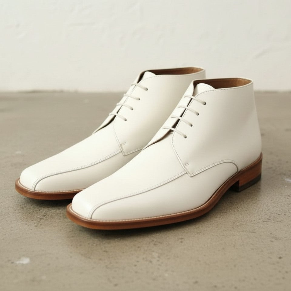 Handcrafted Men's White Leather Chukka Boots with Square Toe