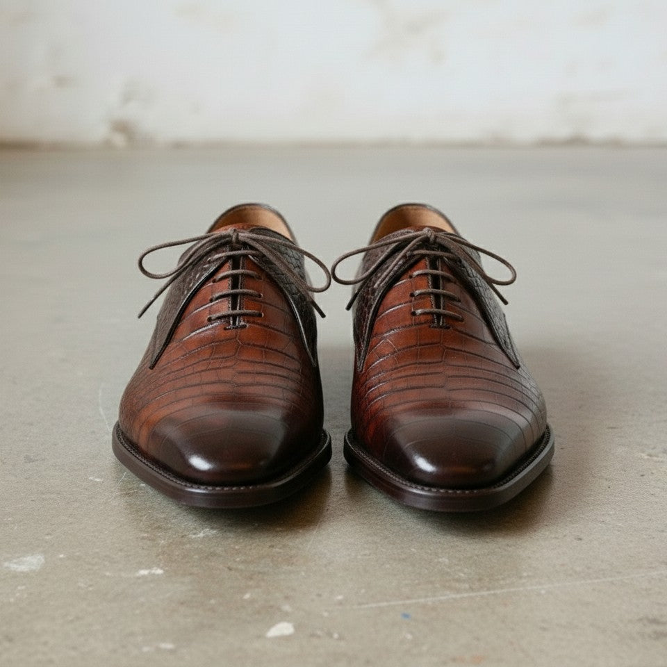Handcrafted Men's Crocodile Leather Lace-Up Dress Shoes