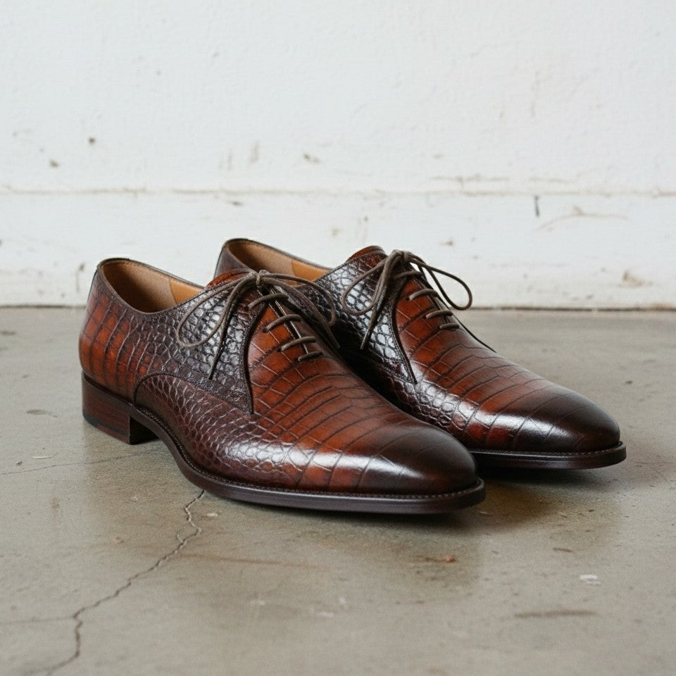 Handcrafted Men's Crocodile Leather Lace-Up Dress Shoes