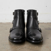 Handmade Men's Black Leather Triple Buckle Monk Ankle Boots