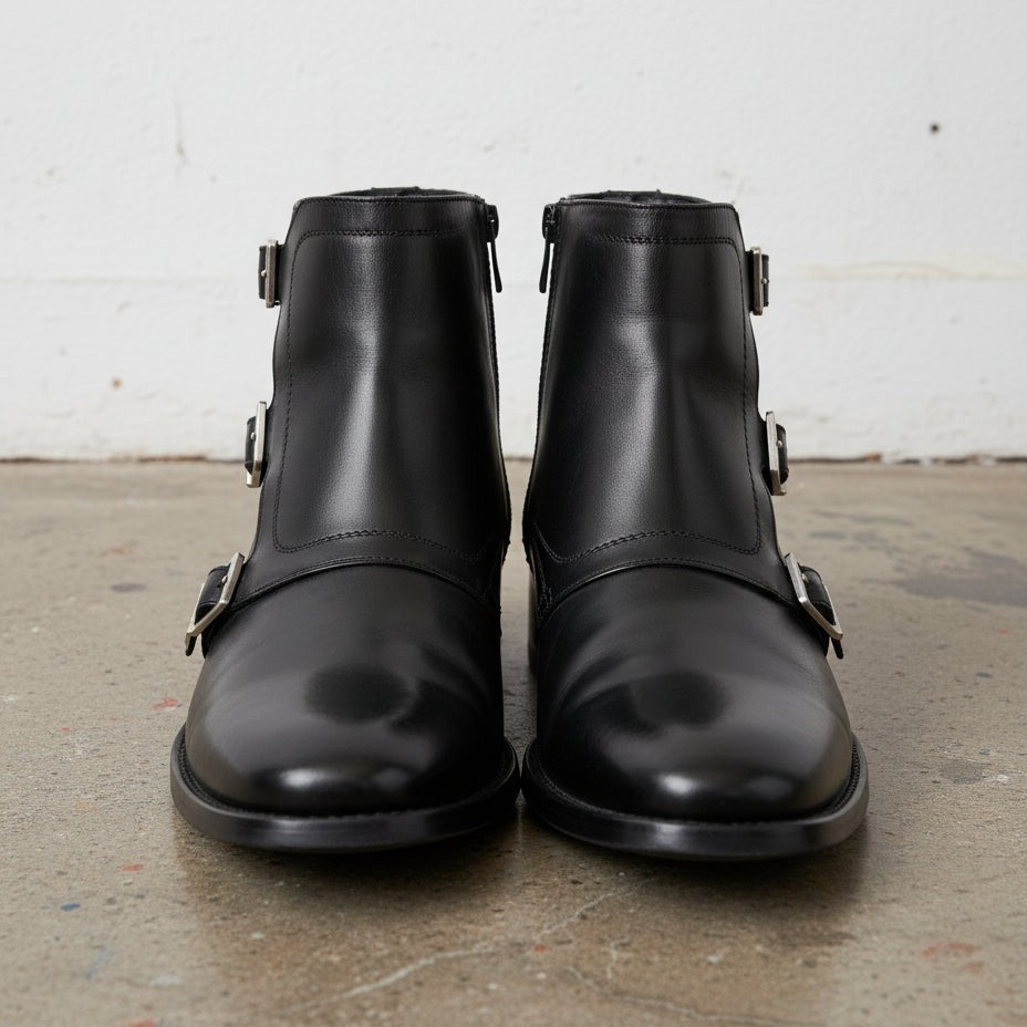 Handmade Men's Black Leather Triple Buckle Monk Ankle Boots