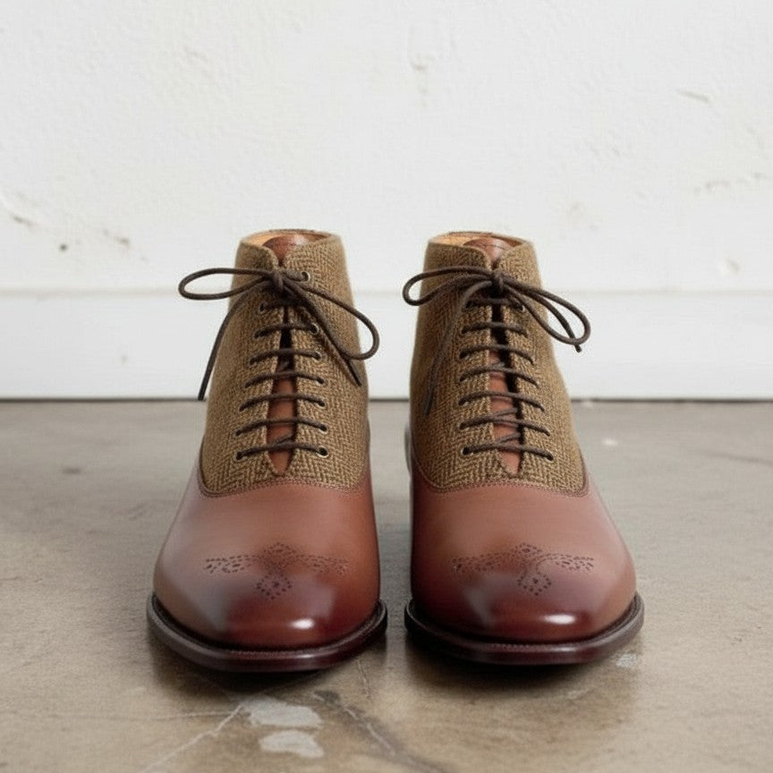 Men's Brown Tweed Fabric Lace-Up Dress Boots