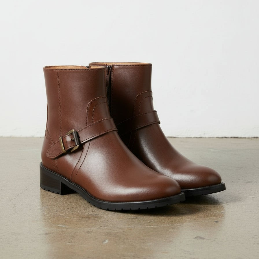Women's Handmade Brown Artisan Moto- Harness Leather Ankle Boots
