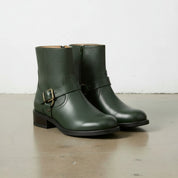 Women's Handmade Dark Green Artisan Moto- Harness Leather Ankle Boots