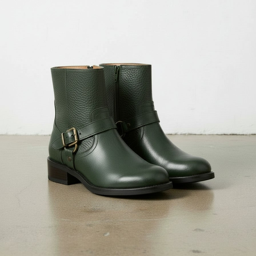 Women's Handmade Dark Green Artisan Moto- Harness Leather Ankle Boots