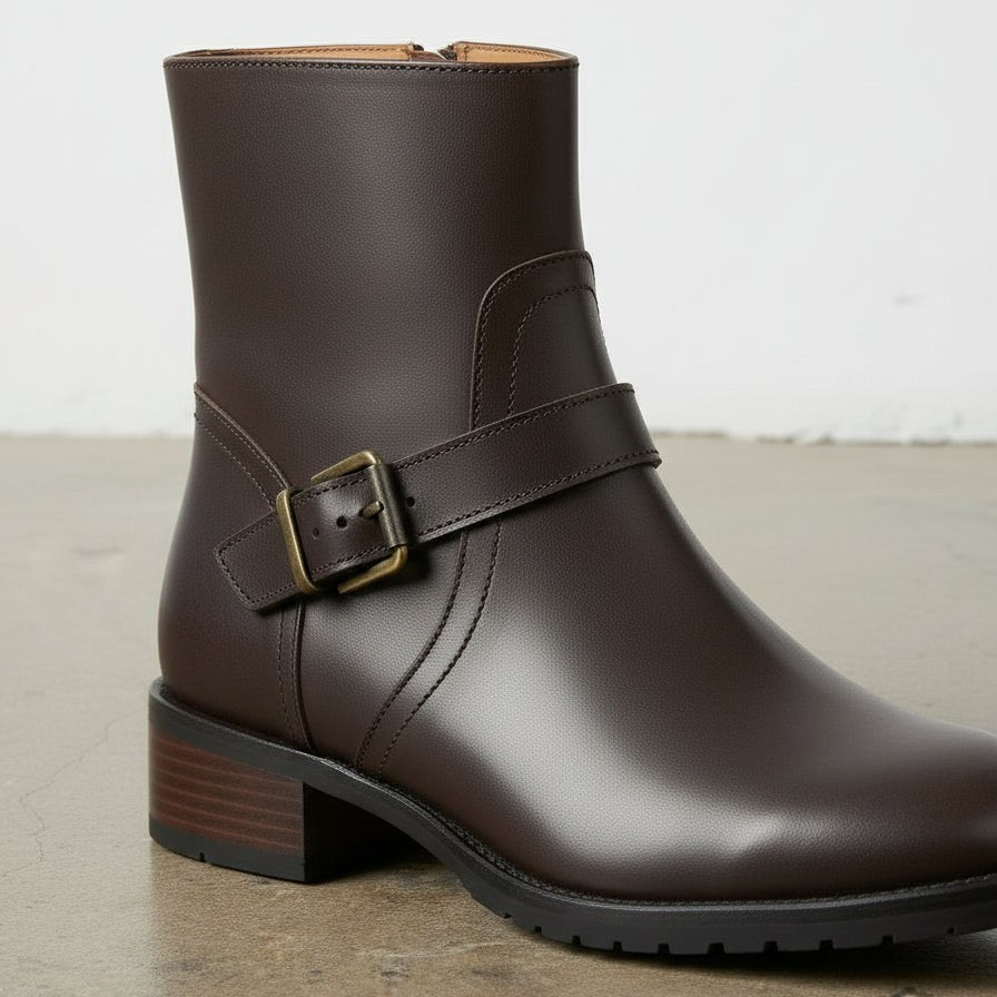 Women's Handmade Dark-Brown Artisan Moto- Harness Leather Ankle Boots