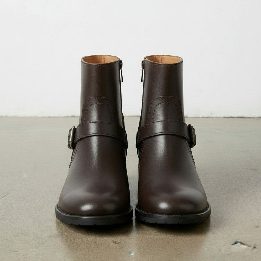 Women's Handmade Dark-Brown Artisan Moto- Harness Leather Ankle Boots
