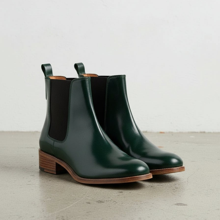 Women’s Handmade Dark Green Leather Ankle Chelsea Boots