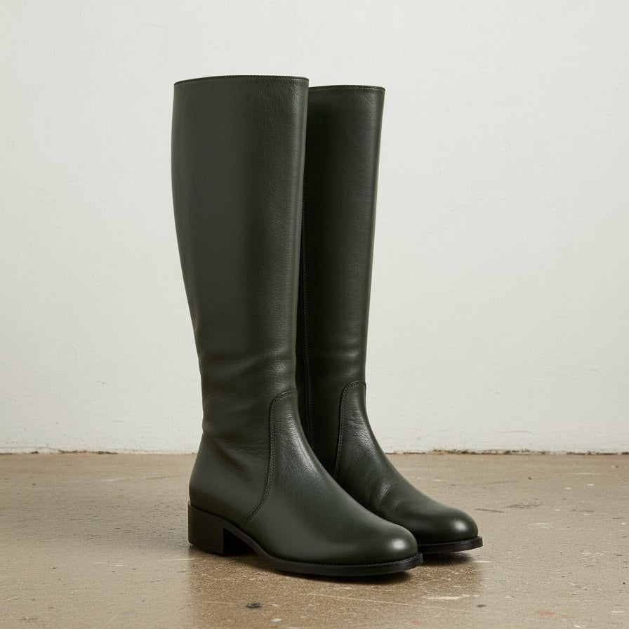Women’s Handmade Leather Riding Boots – Dark Green Knee-High Design
