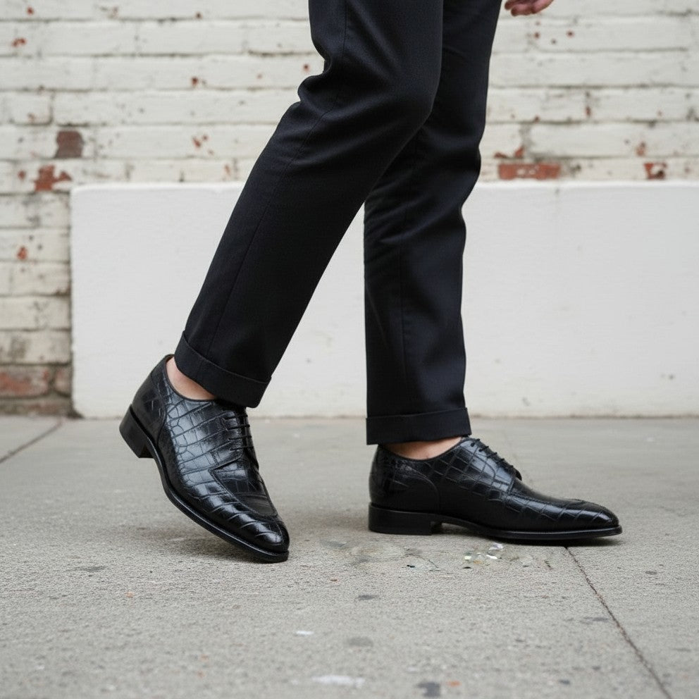 Handmade Men's Black Alligator Shoes - Men's Crocodile Embossed Dress Shoes