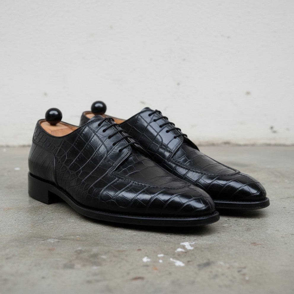 Handmade Mens Black Alligator Shoes, Men Crocodile Embossed Dress Shoes