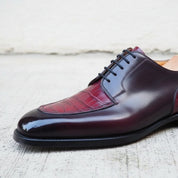 Handmade Men's Derby Lace Up Crocodile Texture Leather Round Toe Dress Shoe
