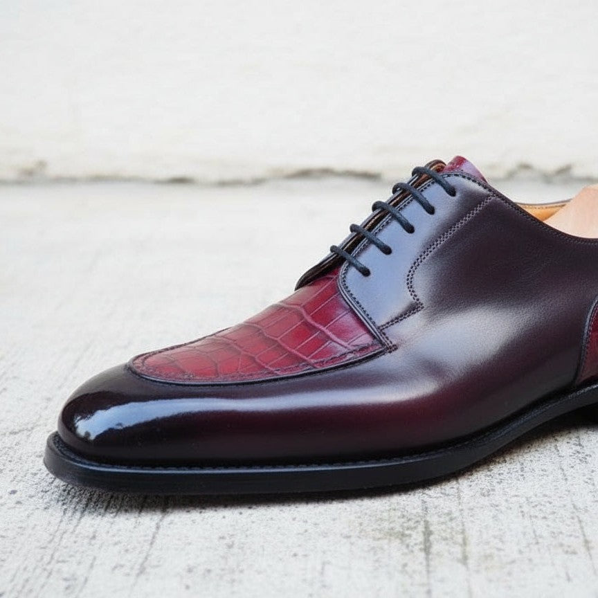 Handmade Men's Derby Lace Up Crocodile Texture Leather Round Toe Dress Shoe