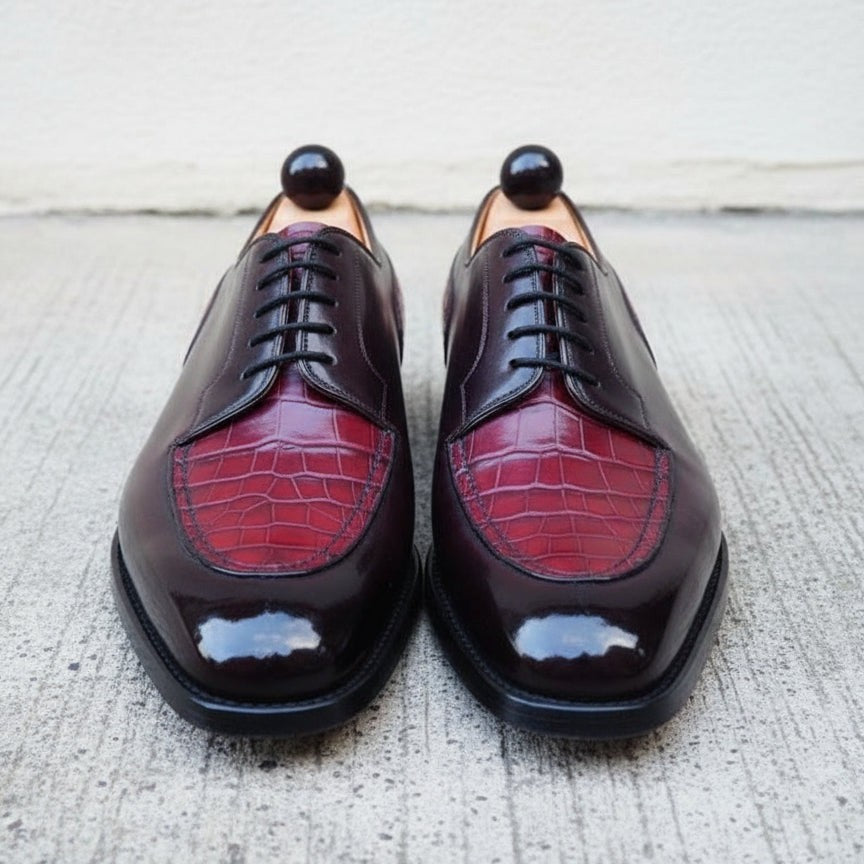 Handmade Men's Derby Lace Up Crocodile Texture Leather Round Toe Dress Shoe