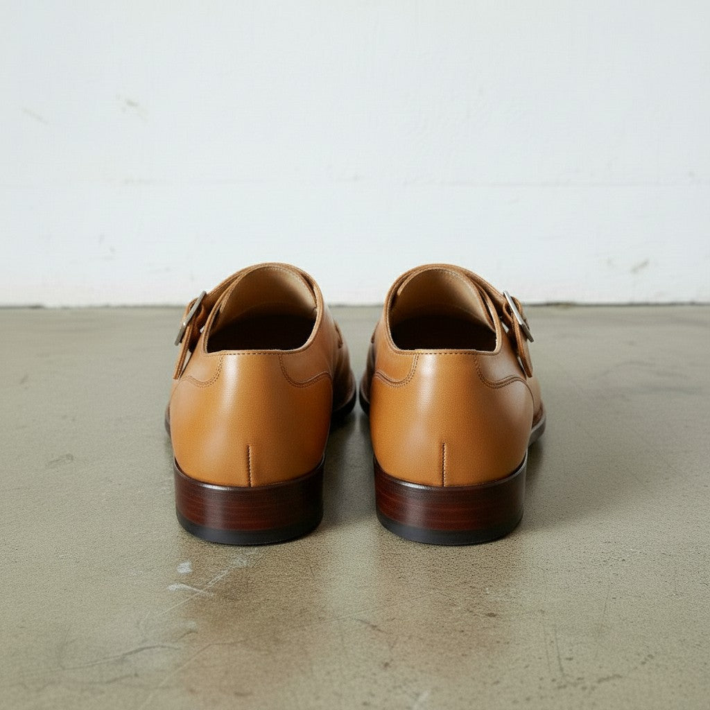 Men's Tan Apron-Toe Leather Monk Strap Shoes