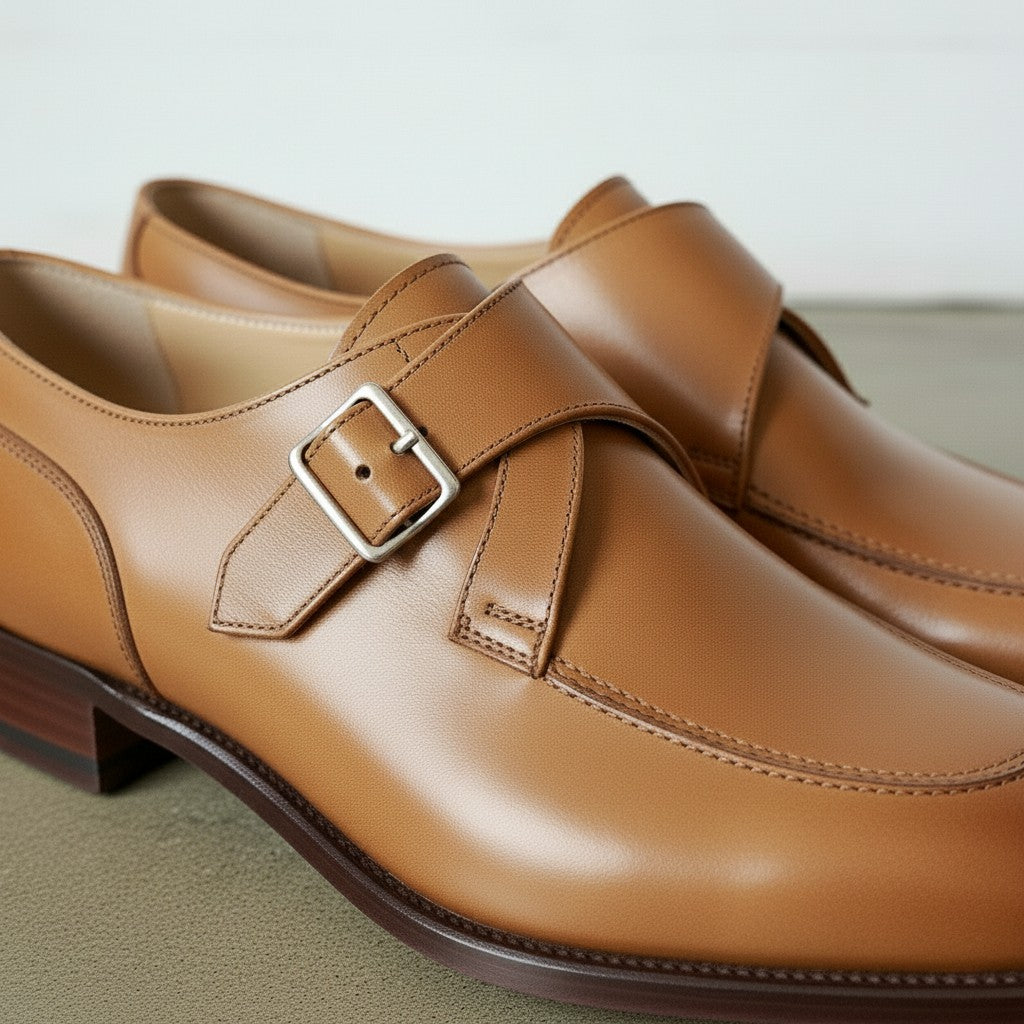 Men's Tan Apron-Toe Leather Monk Strap Shoes