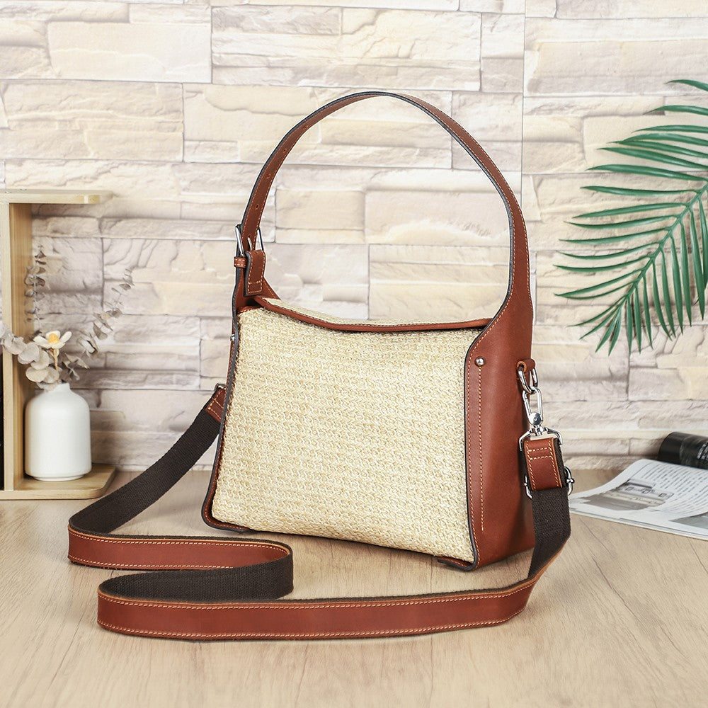Women's Leather Trim Woven Straw Crossbody Shoulder Bag