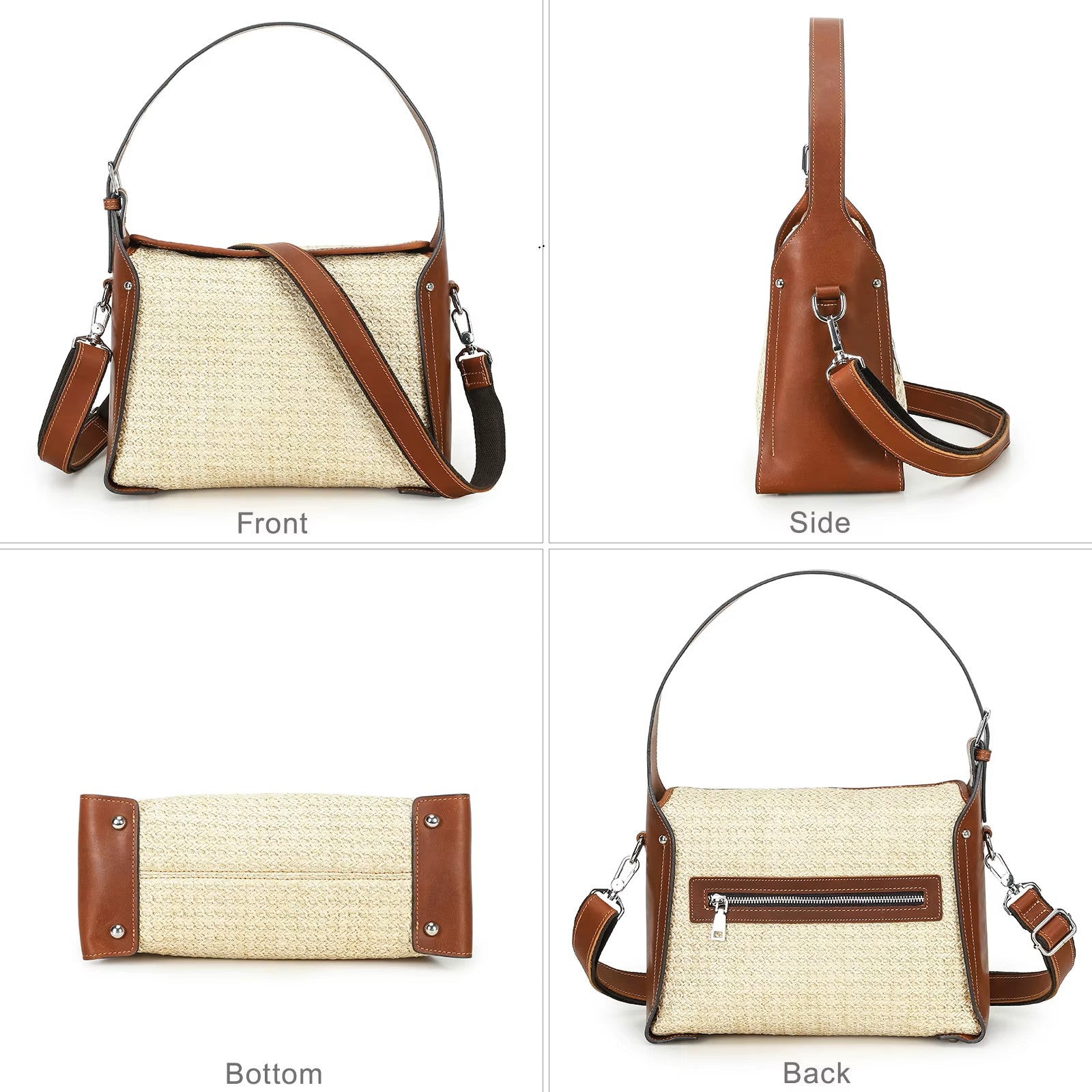 Women's Leather Trim Woven Straw Crossbody Shoulder Bag