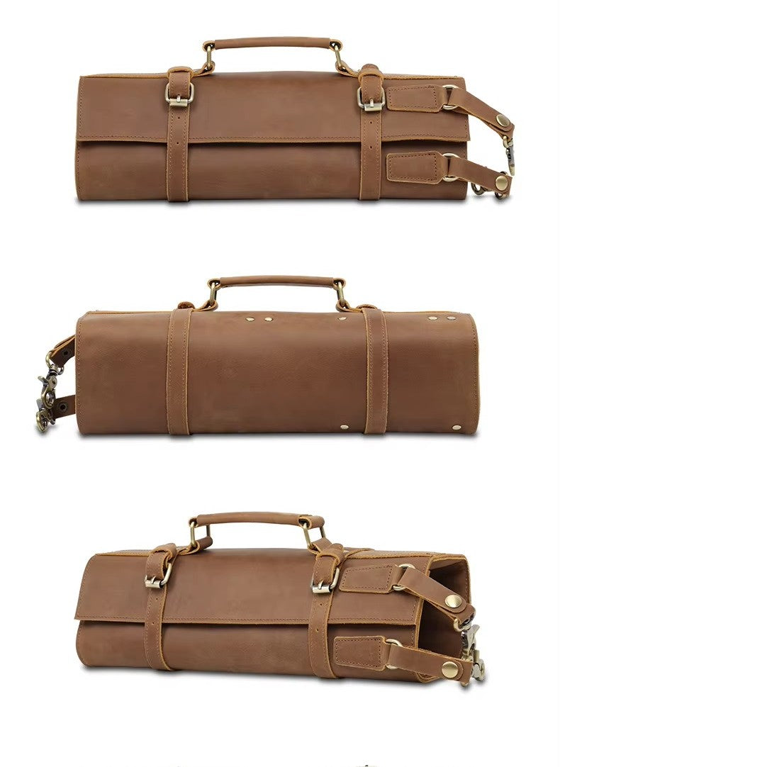 Full Grain Leather Knife Storage Roll Bag