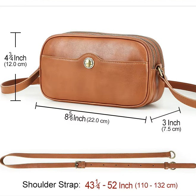 Women's Cognac Twist-Lock Silver Hardware Leather Crossbody Bag