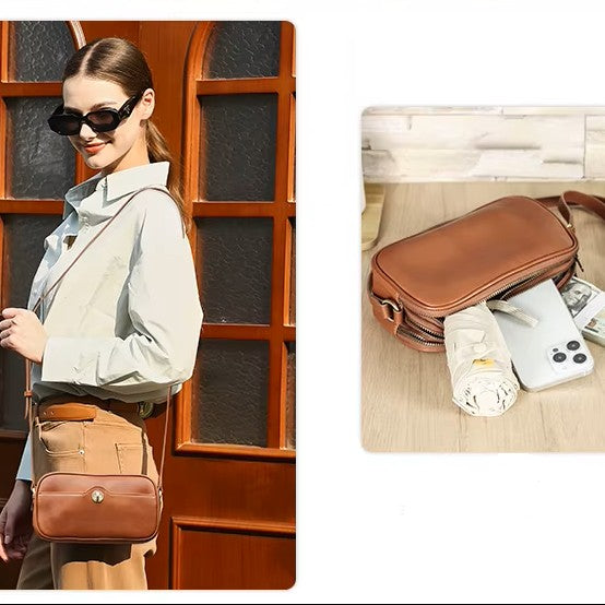 Women's Cognac Twist-Lock Silver Hardware Leather Crossbody Bag