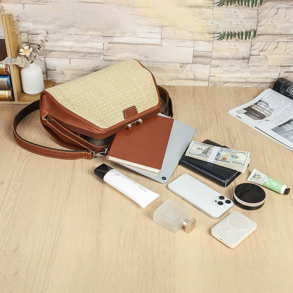 Women's Beige Woven Cognac Leather Trim Satchel Crossbody Bag
