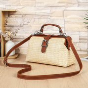 Women's Natural Straw Doctor Bag with Cognac Leather Trim