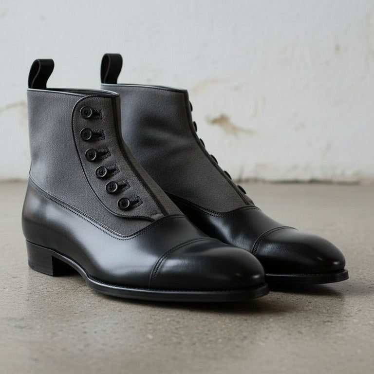 Handmade Men's Two Tone Formal Boot, Button Up Boot, Cap Toe Ankle Boot