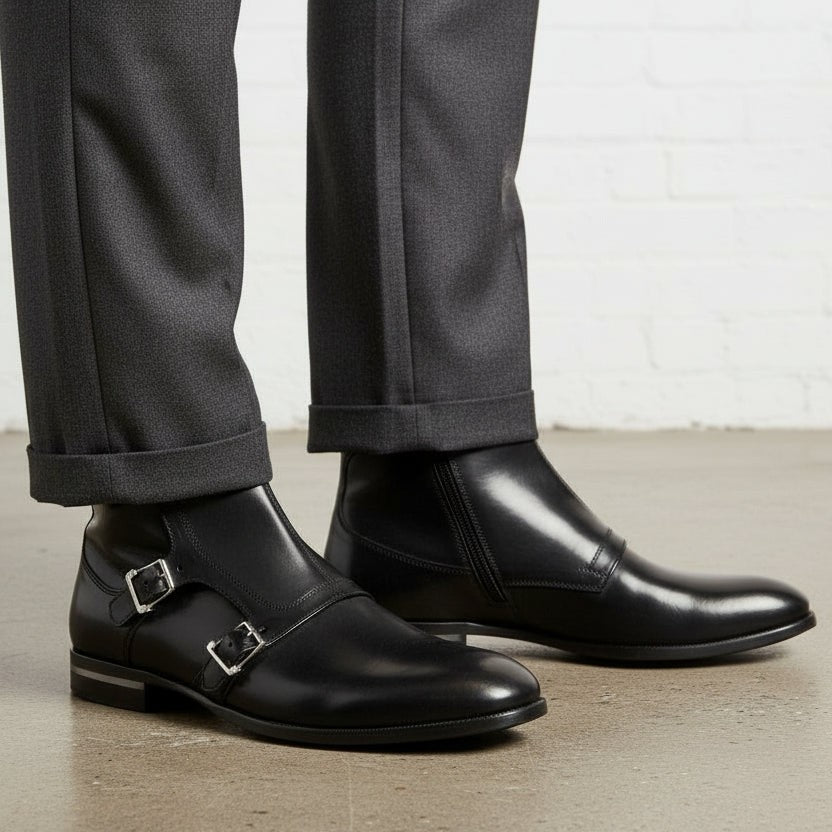 Men's Black Full Grain Leather Ankle High Boots