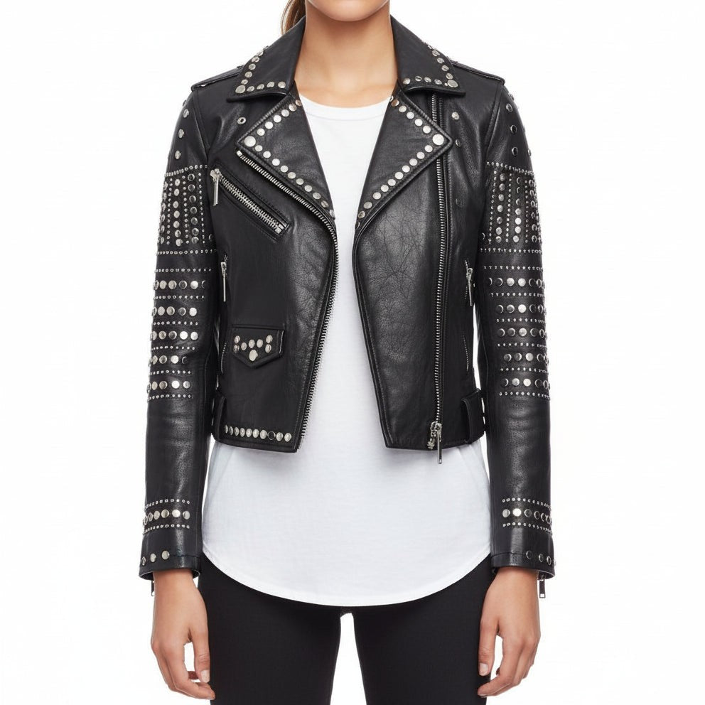 Women's Handmade Stylish Black Leather Jacket with Silver Studs